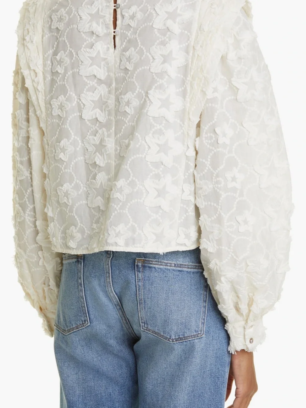 FARM Rio White Floral Lace Peasant Blouse with Puff Sleeves